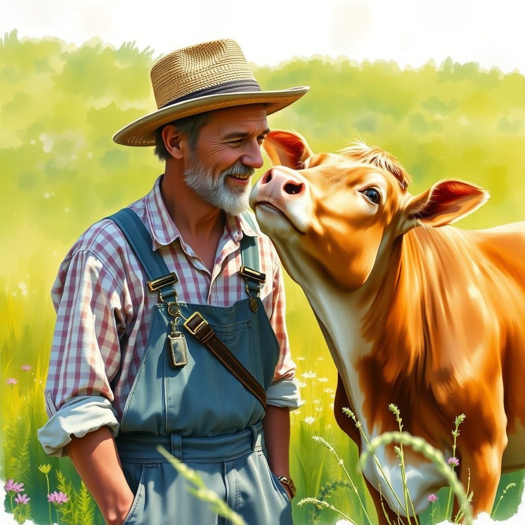 Farmer and Cow Share Tender Moment in Impressionist Watercol...