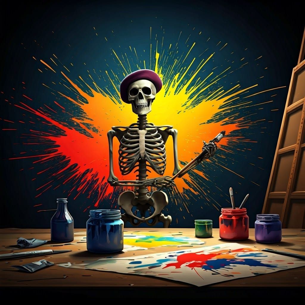 Skeleton's Ink Splatter Art in Abstract Expressionism Style