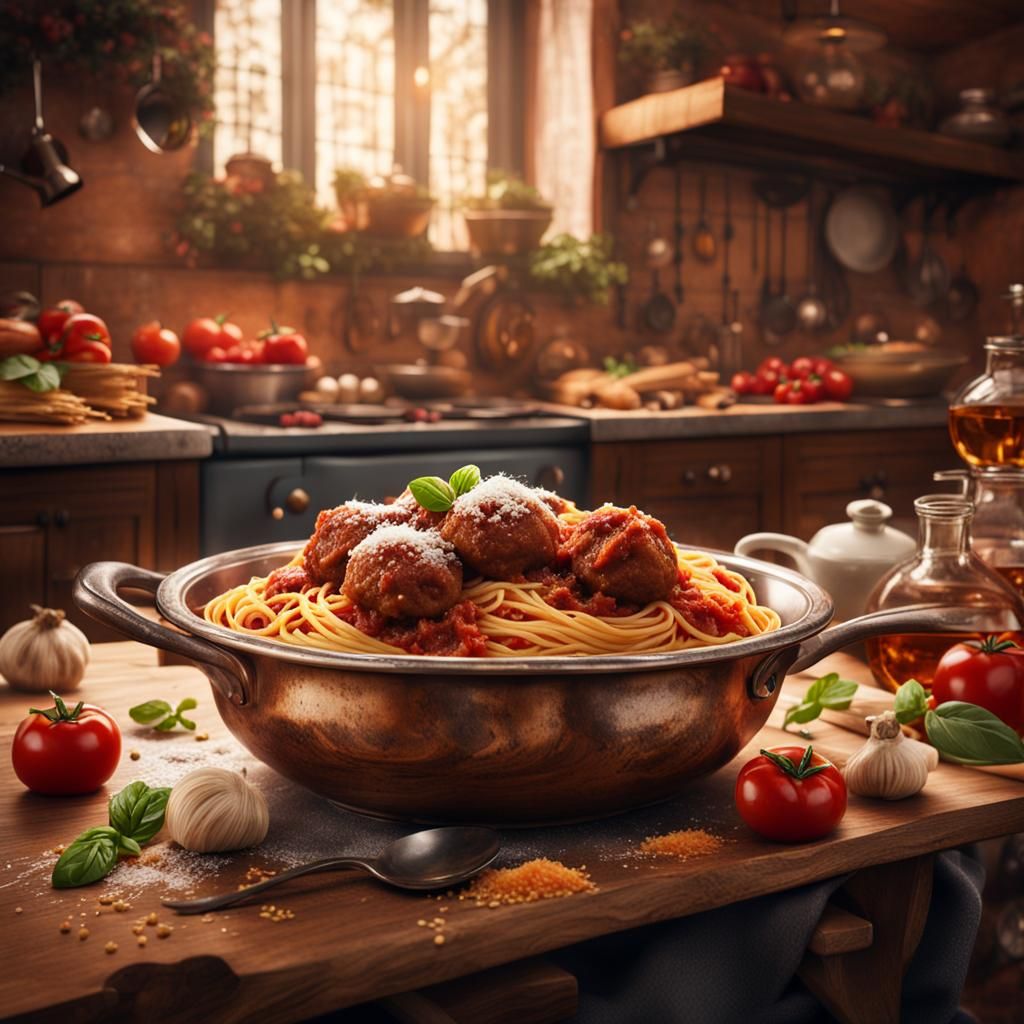 Spaghetti Bolognese in Traditional Italian Kitchen