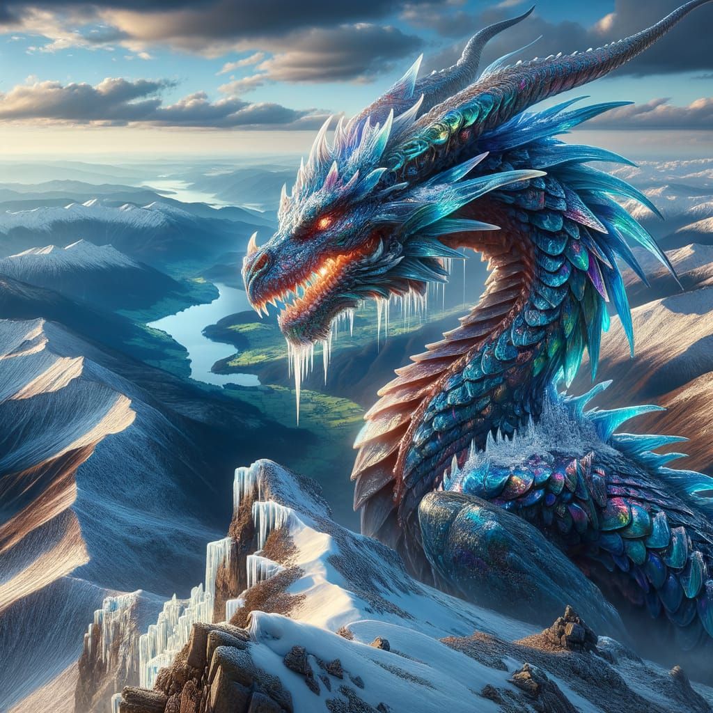 Majestic Dragon Surveying Snowy Mountain Kingdom