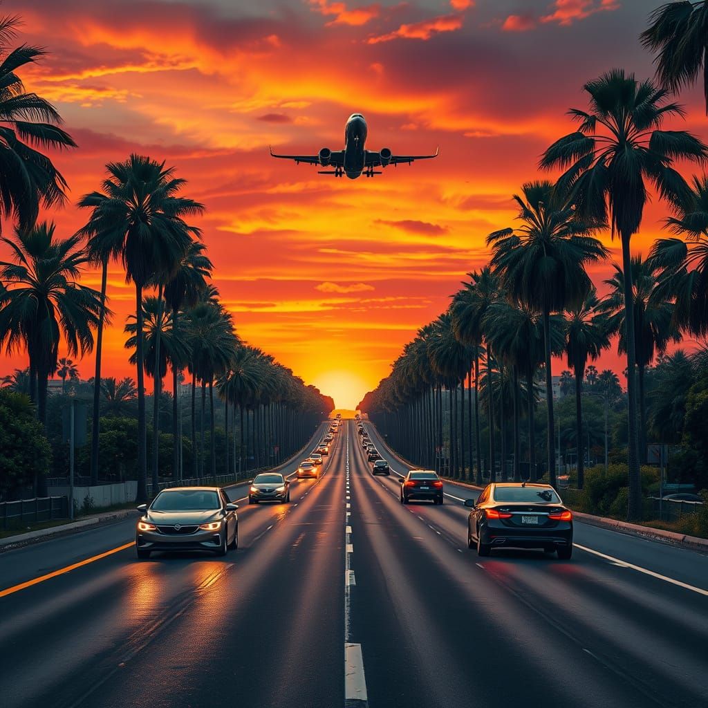 Hyperrealistic Highway Sunset with Plane Takeoff
