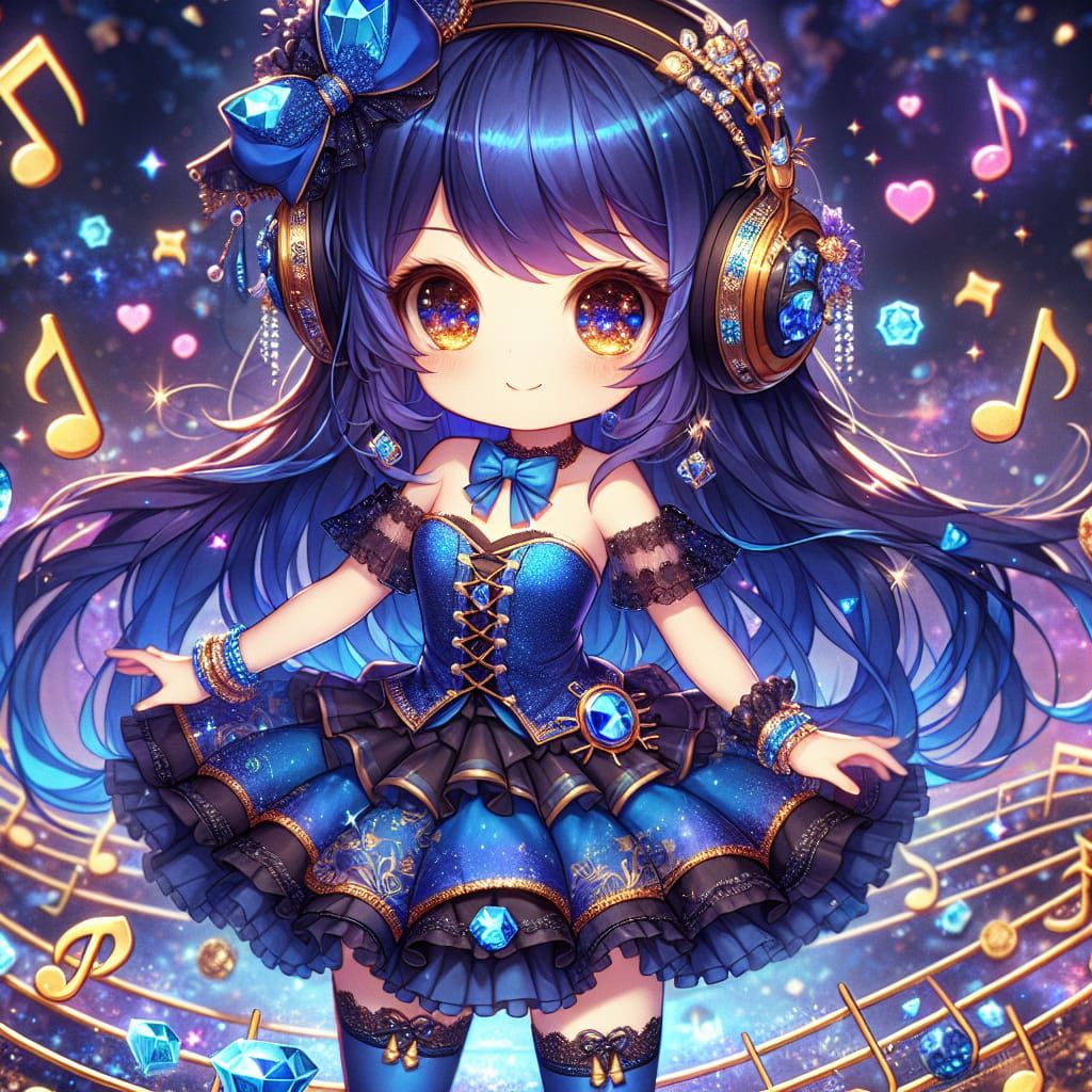 Charming Chibi Girl with Sapphire Headphones in Matte Painti...