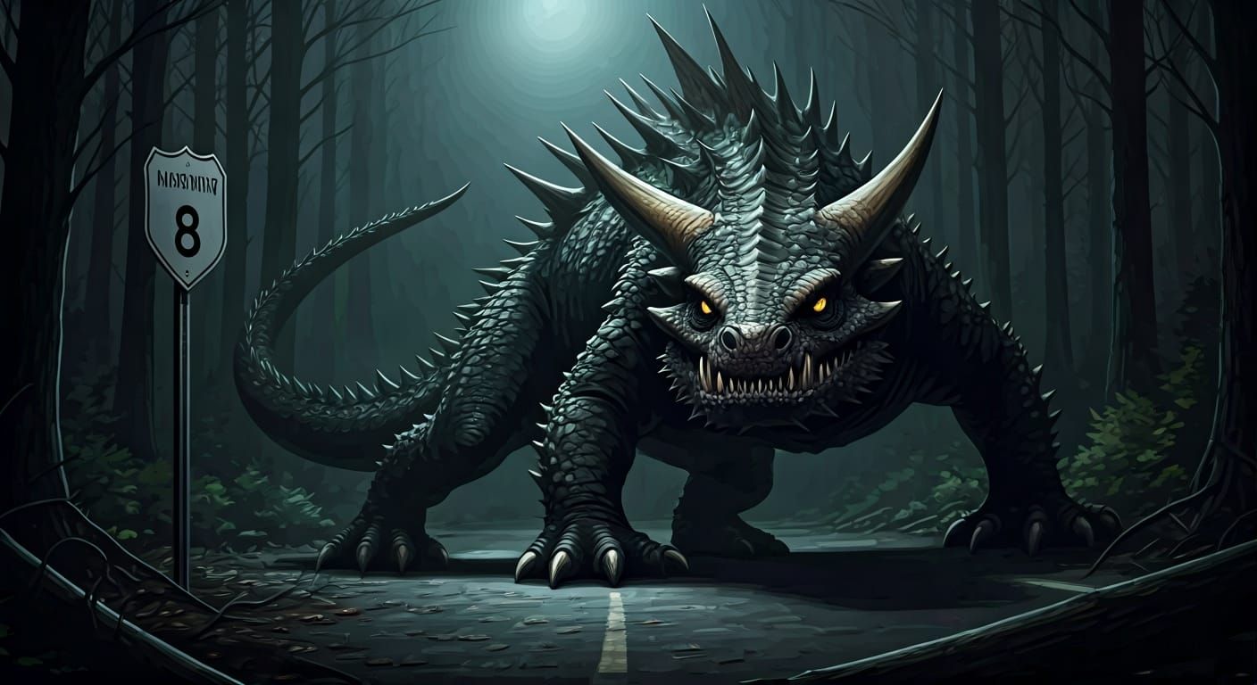 Menacing Hodag Blocks Highway in Dark Digital Art
