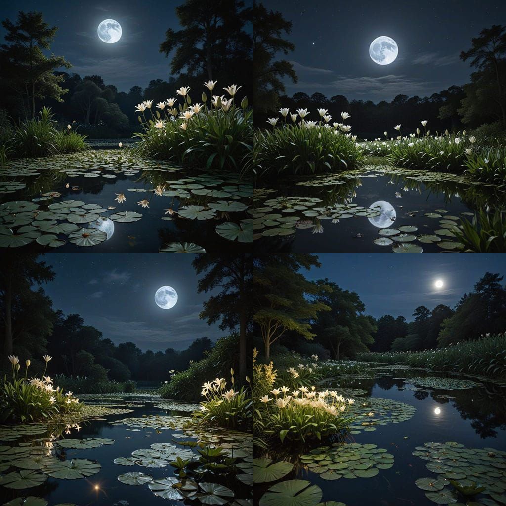 Luminous Nighttime Lily Pond in Watercolor Style