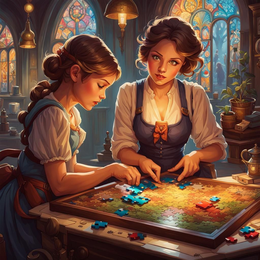 Mother and Daughter Playing Jigsaw Puzzle in Gouache Style
