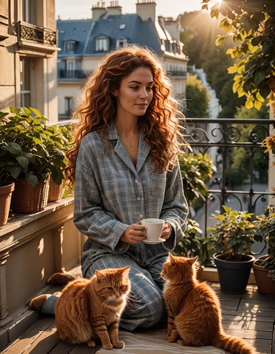 Parisian Morning: Woman and Cat Enjoy Coffee