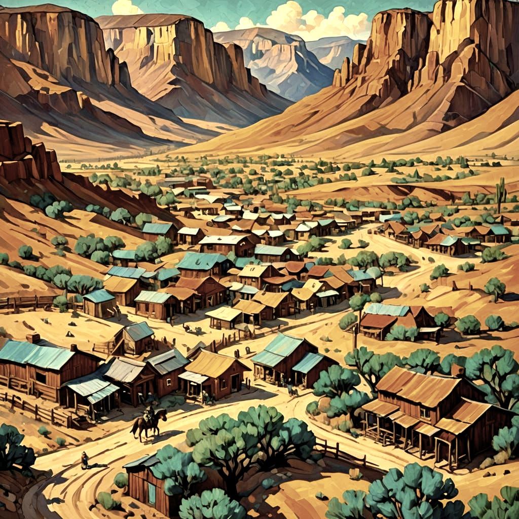 Old West Town in Neo-Impressionistic Oil Painting