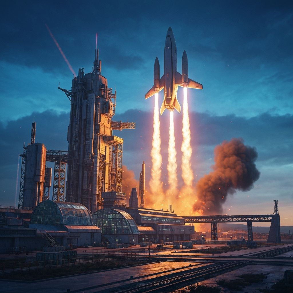 Futuristic Starship Launch in Dystopian Sci-Fi Style