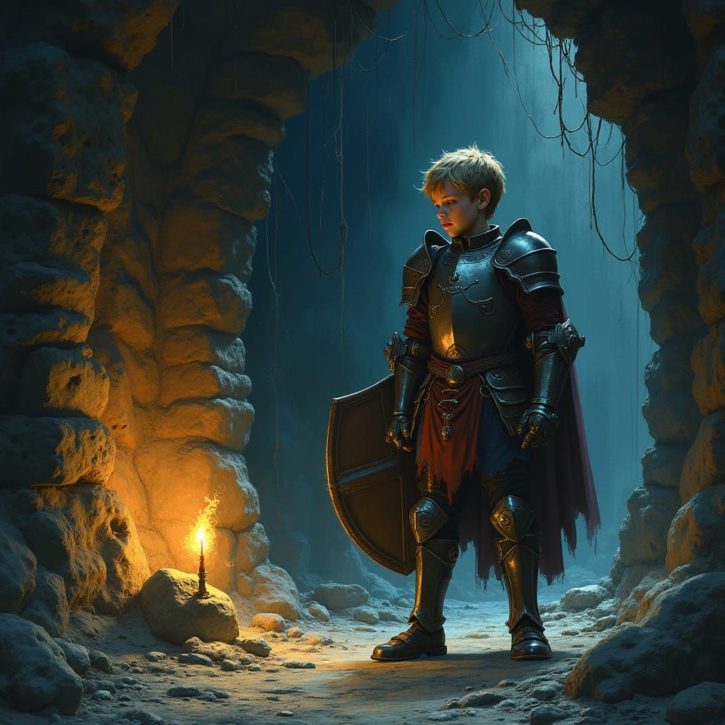 Armored Boy in Ominous Cave, Dramatic Lighting