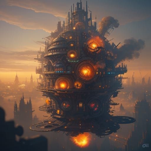Steampunk Snail Soars Over Burning Metropolis in Golden Ligh...