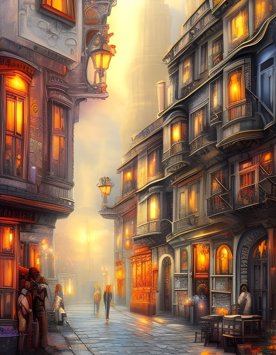 Detailed City Street Painting in Lunarpunk Style