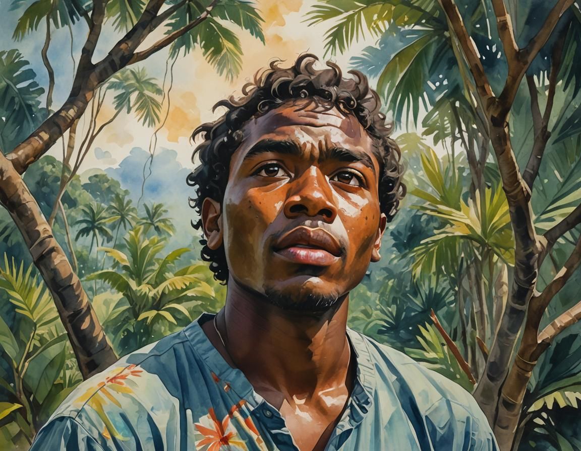 Fijian Boy Portrait in Gouache Watercolor Style