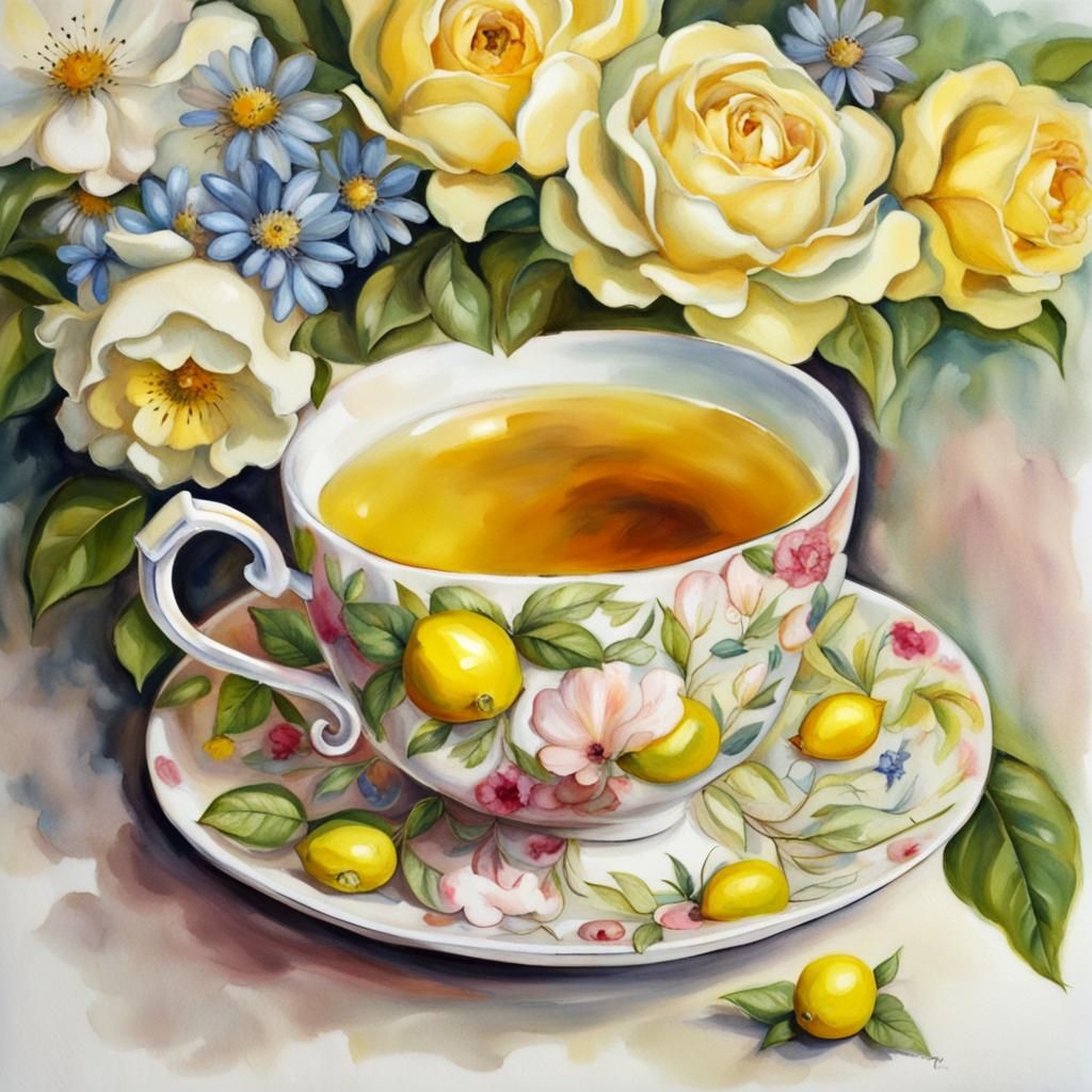 Floral Teacup with Lemon Tea in Piel Art Style
