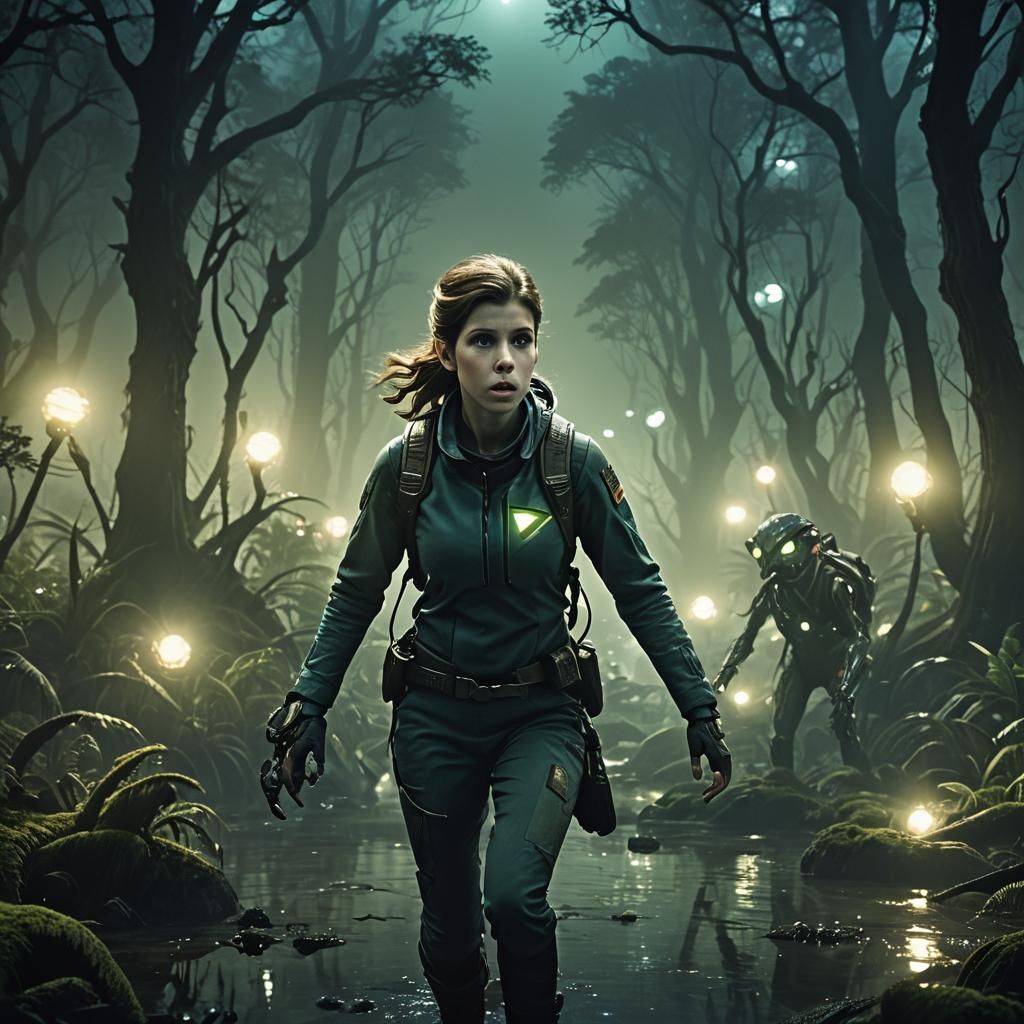 Eerie Sci-Fi Scene with Actress on Alien Planet