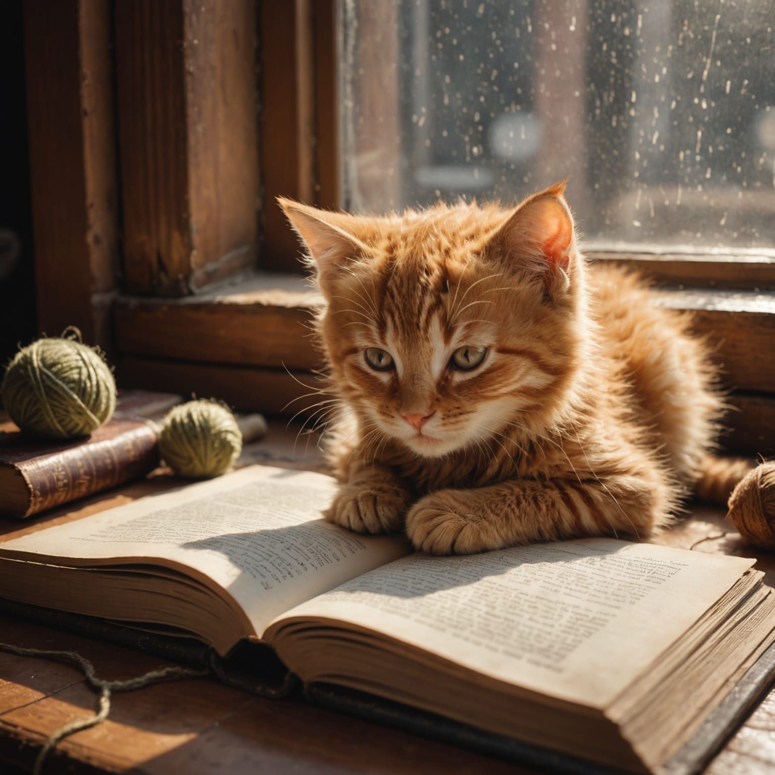 Kitten Sleeps in Book on Sunlit Sill