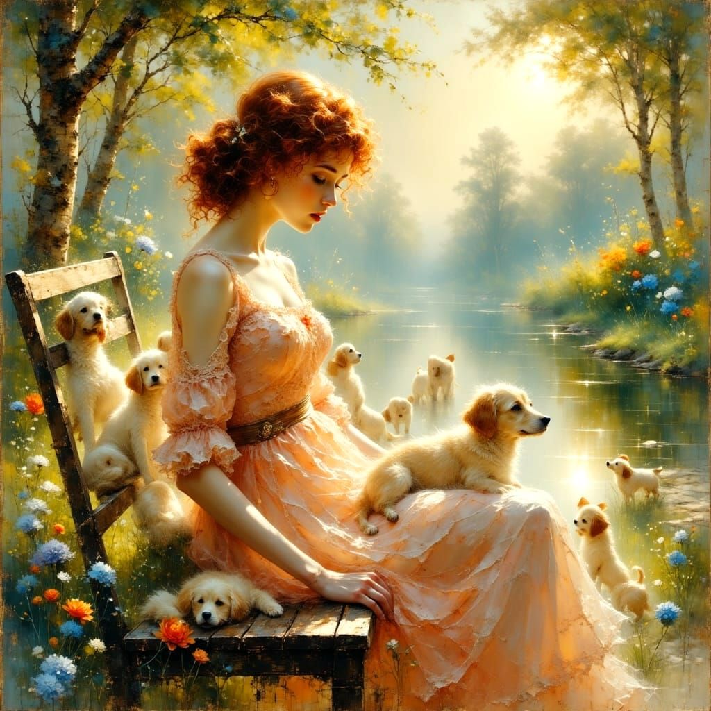 Ethereal Garden Scene with Woman and Puppies in Oil Painting...