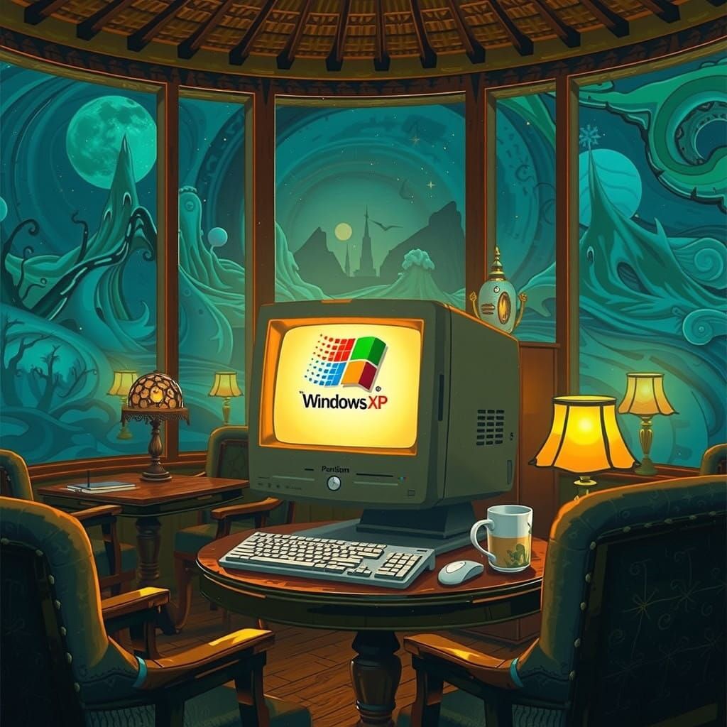 Vintage Cyberpunk Cafe Scene with Fantasy Landscape