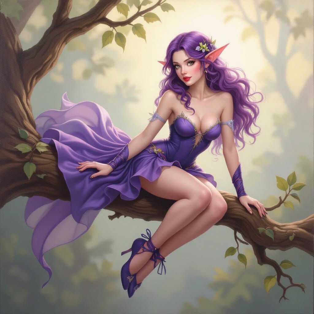 Faerie Posed on a Branch, Oil and Acrylic Painting