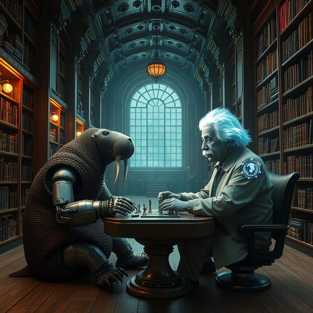 Robot Walrus Chess Match with Holographic Einstein
