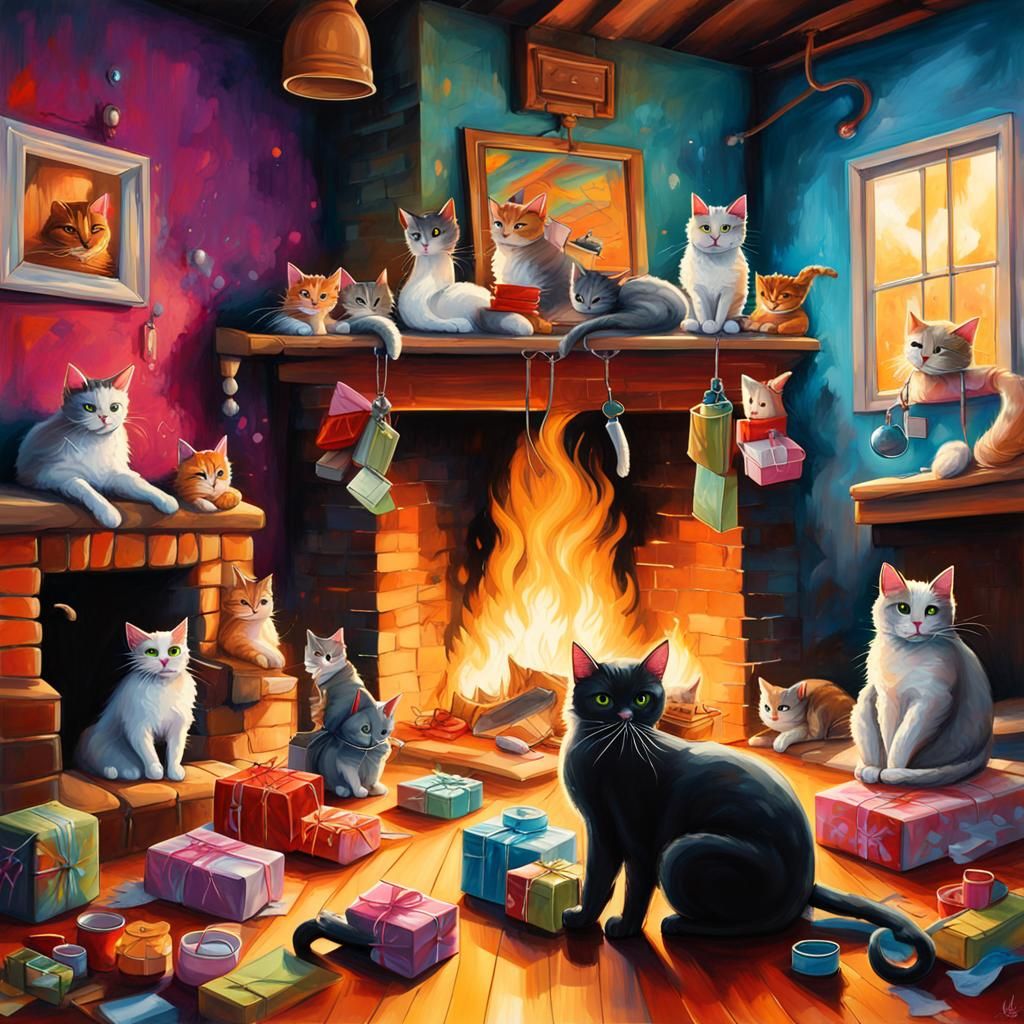 Festive Cats Celebrate Christmas in Graffiti Art