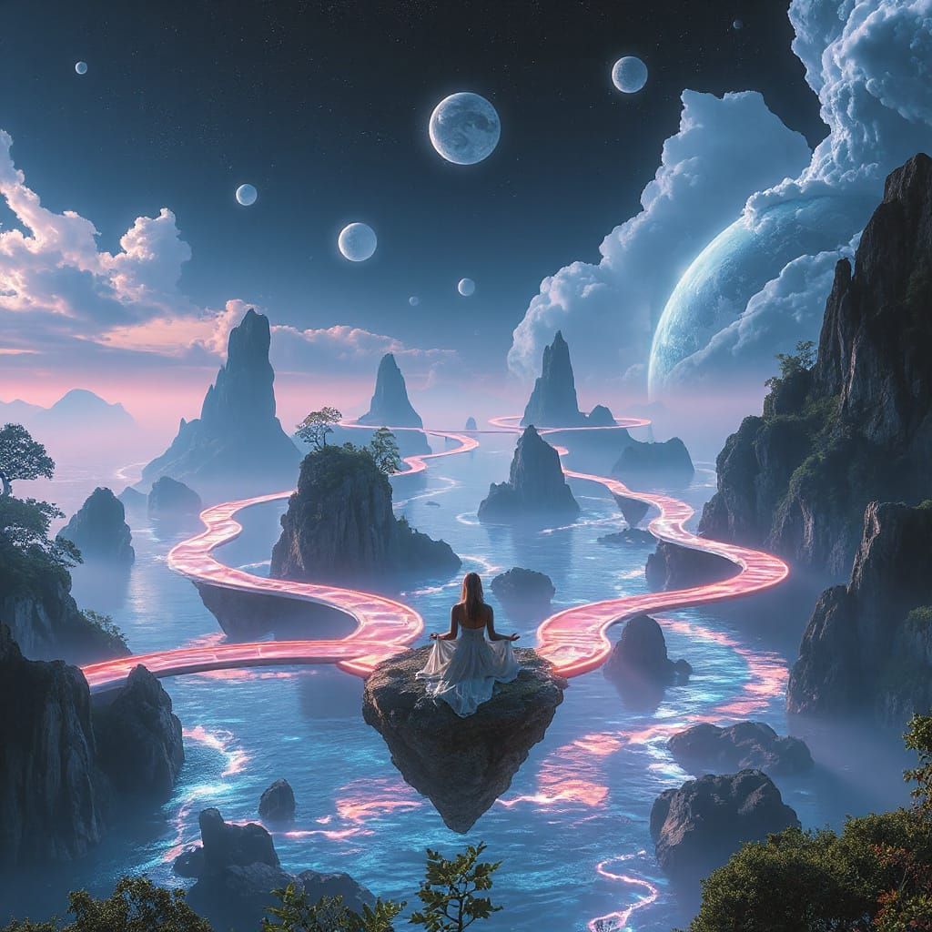Serene Otherworldly Landscape with Floating Islands