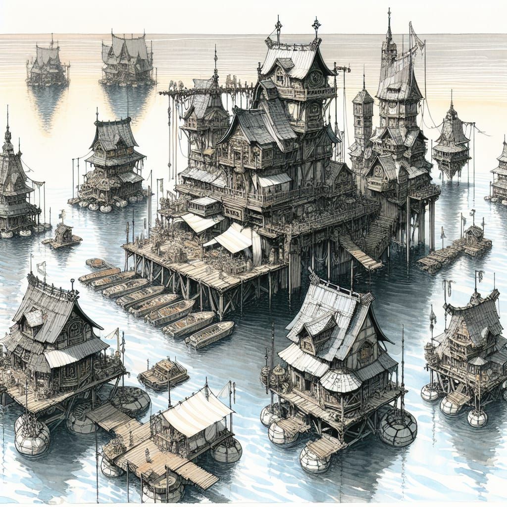 Floating Village in Fantasy Water World