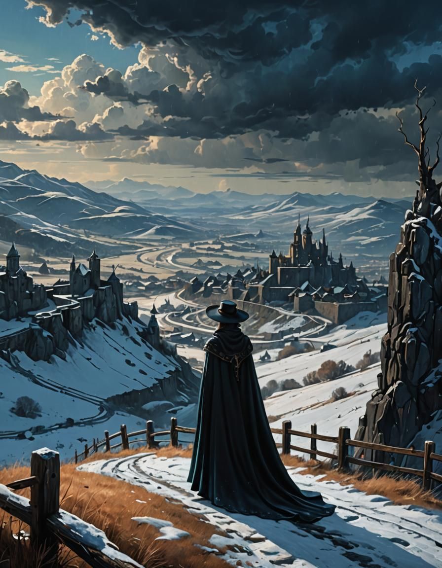 Witch on a Hill in Moody Fantasy Art Style