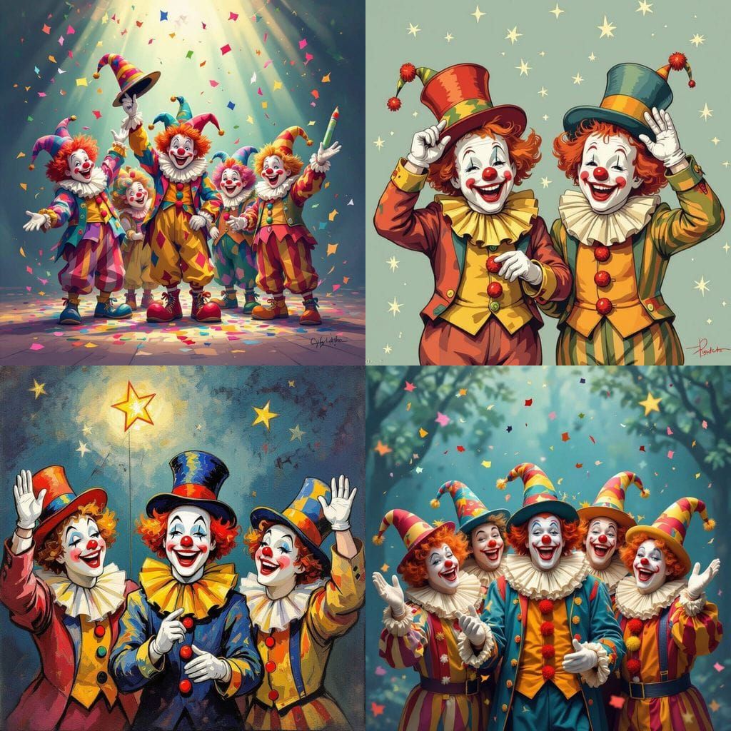 Joyful Clowns Sending Greetings with Hats