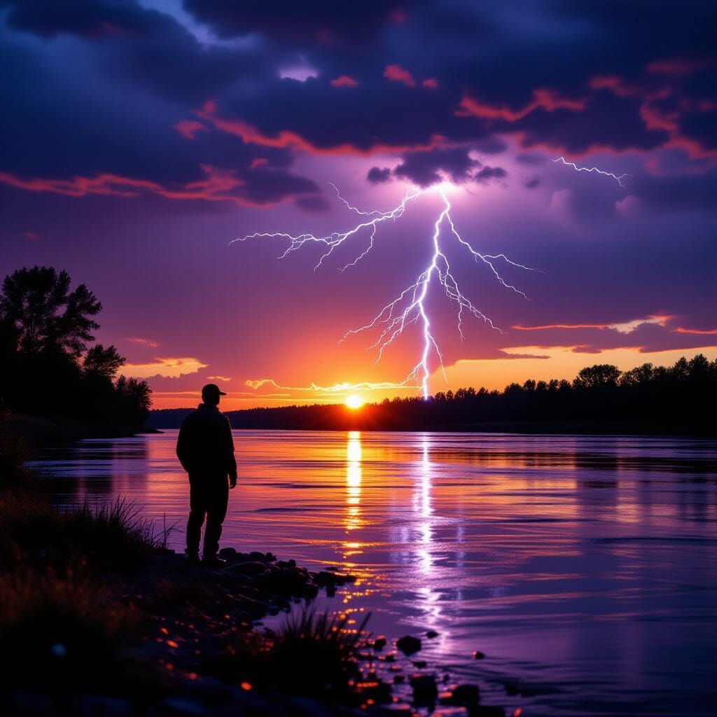 Lone Figure at Sunset Riverbank with Distant Lightning