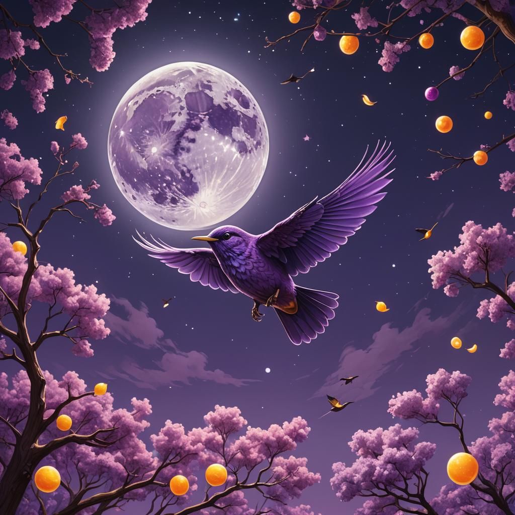 Purple Bird Soaring Under Full Moon in Candy Art