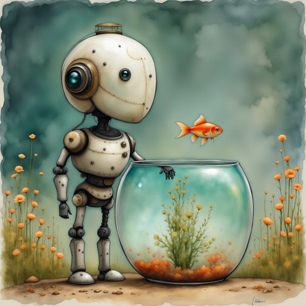 Cute Robot Gently Holds a Fishbowl