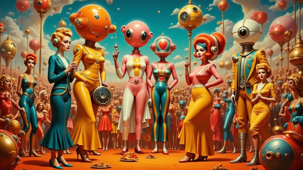 Surreal Vintage-Futuristic Festival Scene in Oil on Canvas