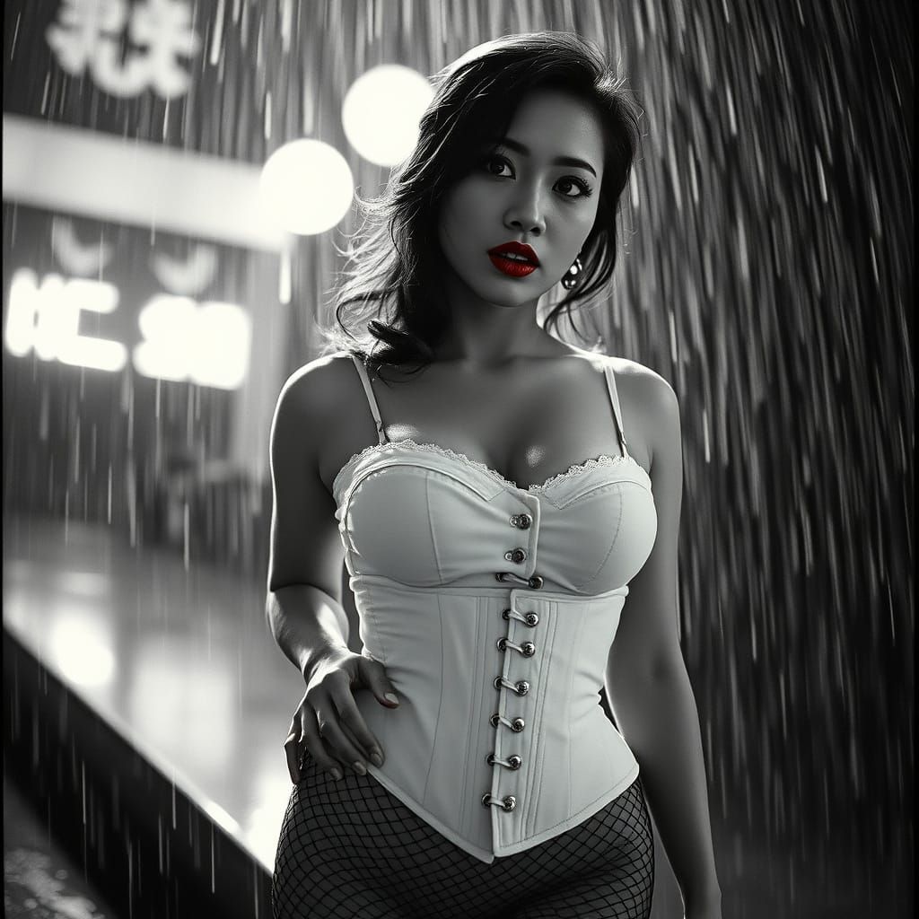 Monochrome Film Still: Red Lips on Chinese Woman