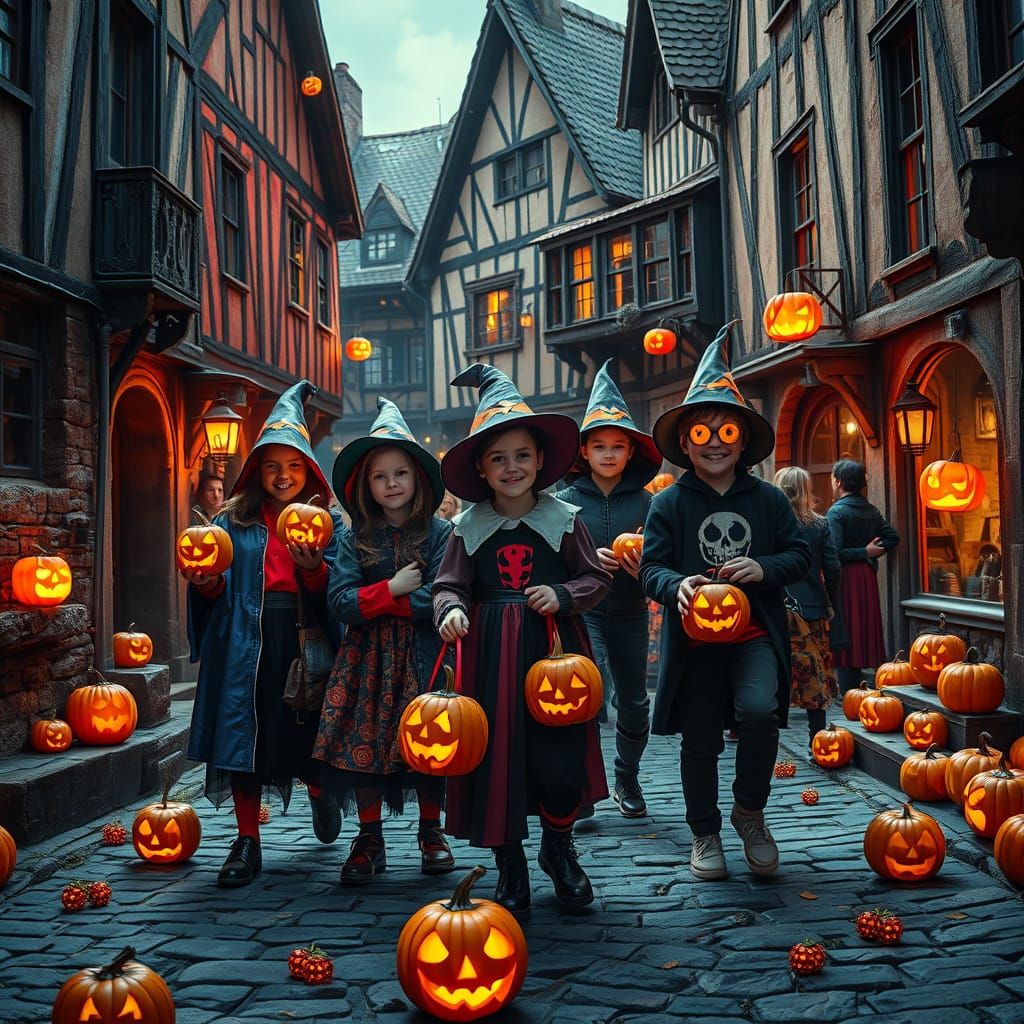 Halloween Trick-or-Treaters in Detailed Medieval Setting