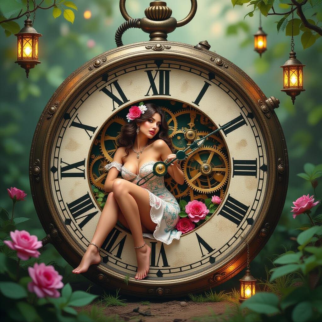 Whimsical Woman in Ancient Pocket Watch, Hyperrealistic Pain...