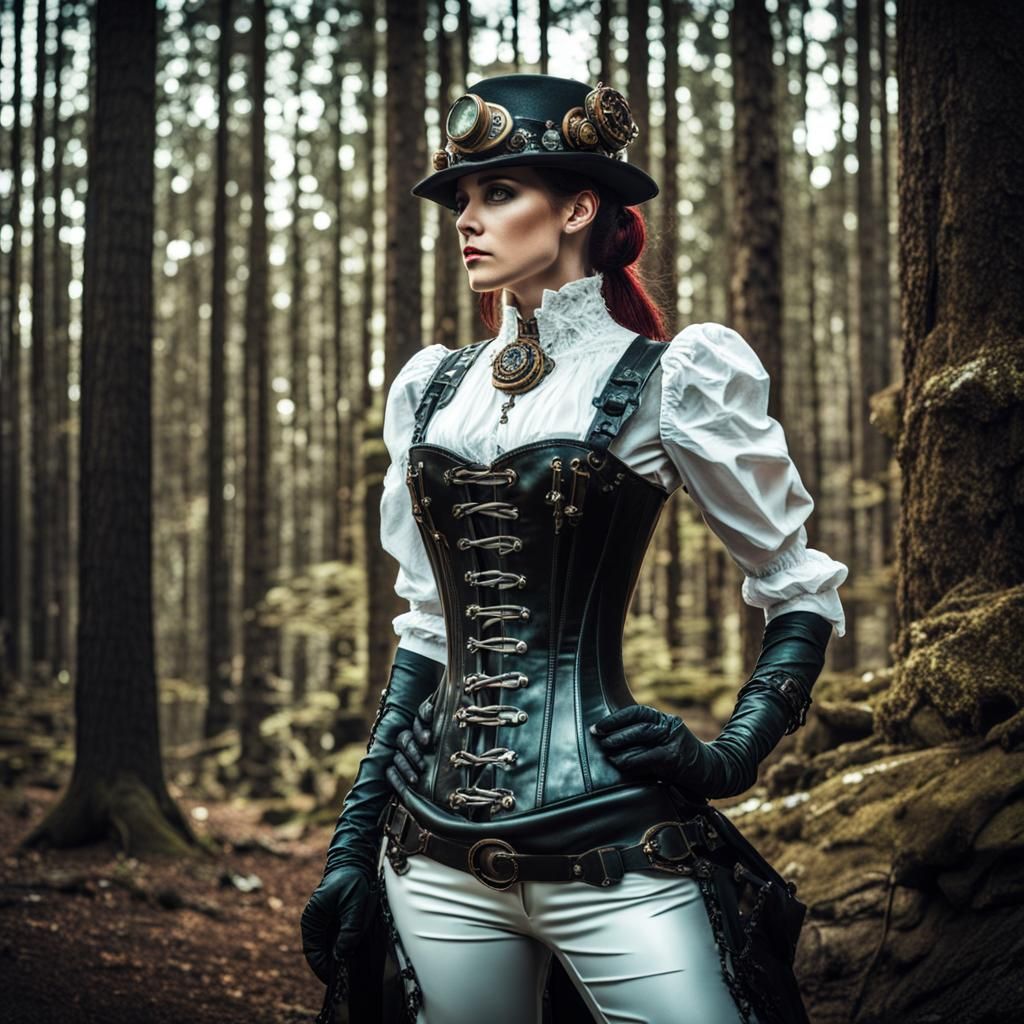 Steampunk Woman in Latex Corset in Hyperrealistic Style