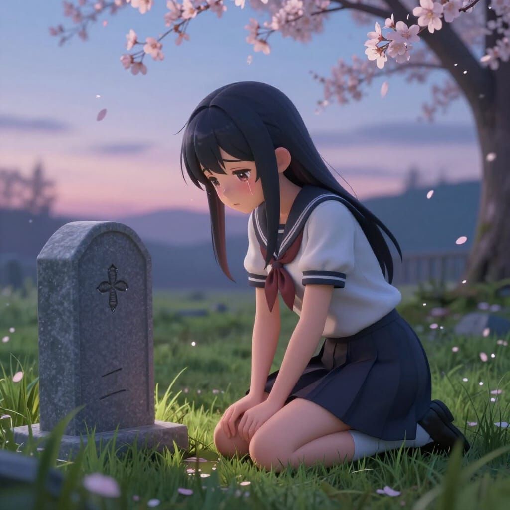Anime Girl Mourns at Grave in Twilight