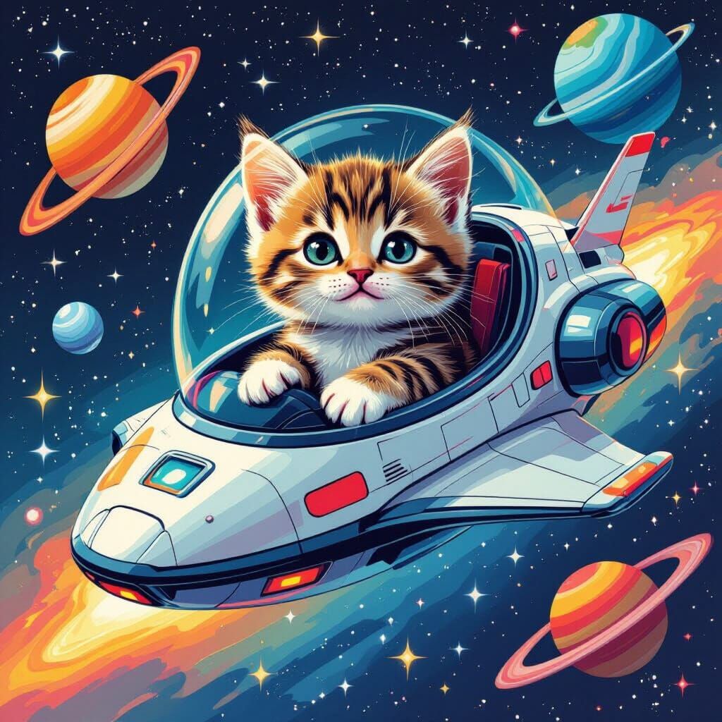 Kitten in Spaceship: Whimsical Digital Art