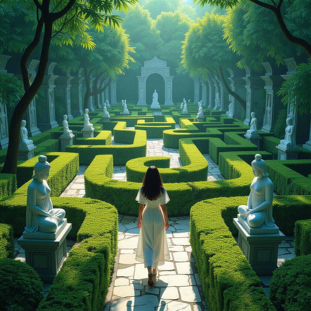 Woman Walks Labyrinth in Miyazaki and Stalenhag Style