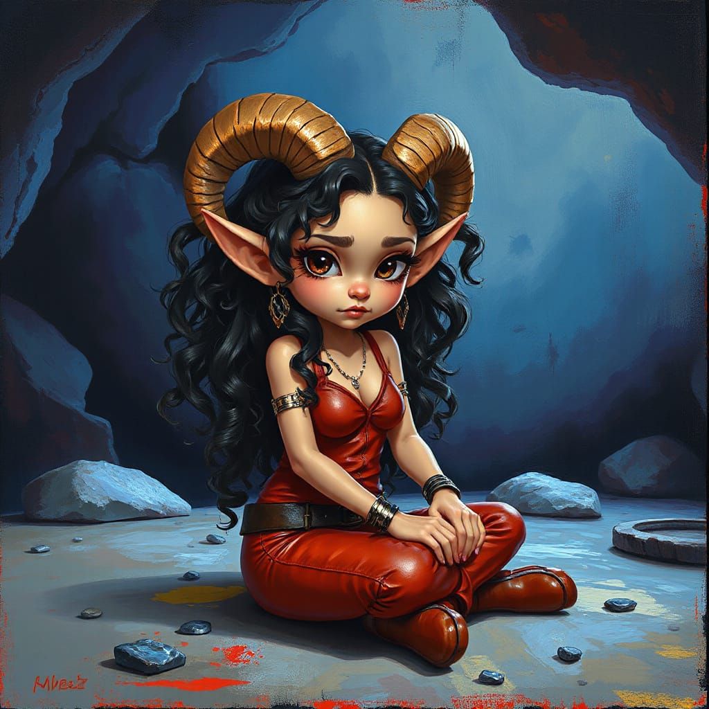 Whimsical Fauvist Mini-Elfwoman with Rams Horns and Leather ...
