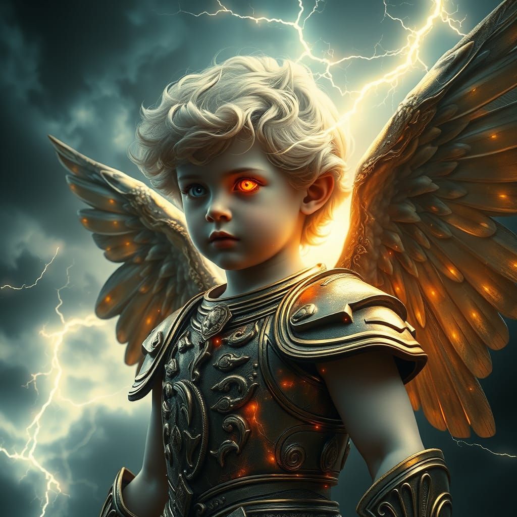 Majestic Cherub Angel Defies a Turbulent Stormy Sky in Golde...
