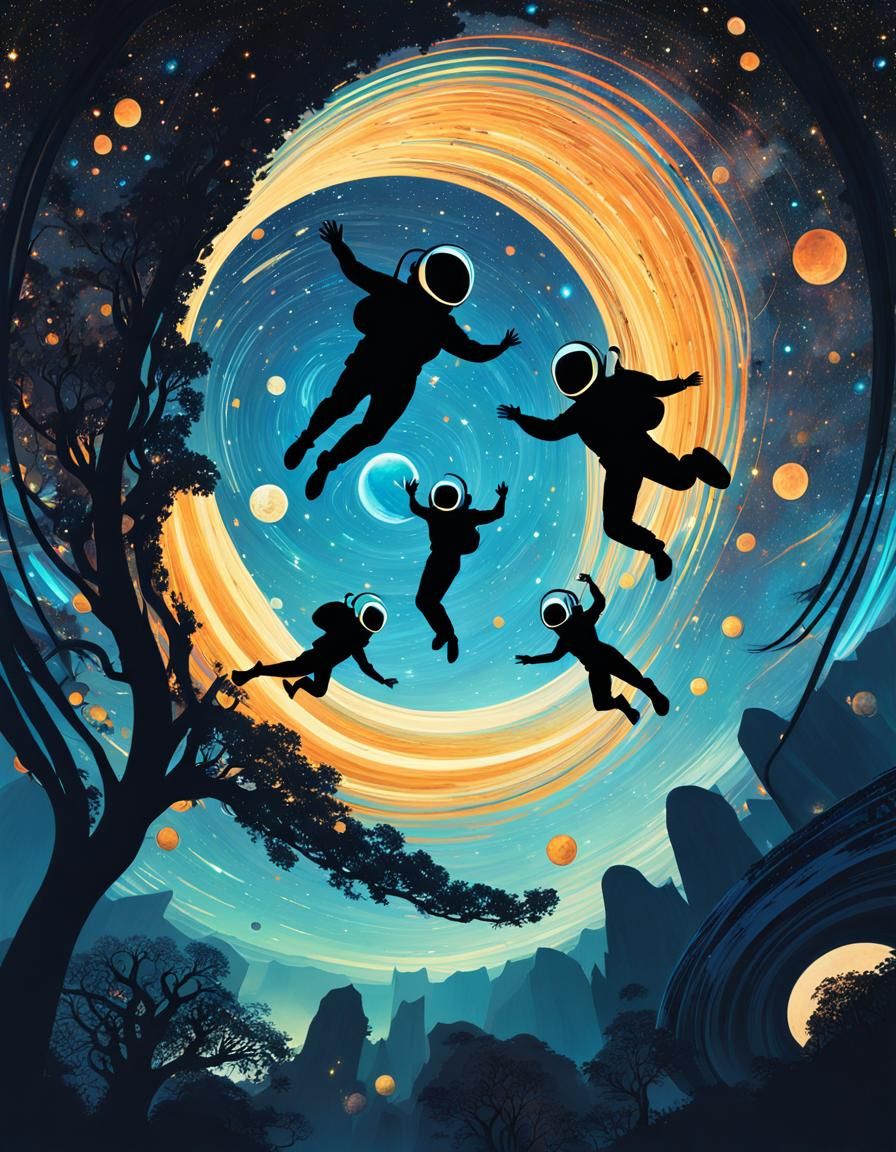 Silhouetted Aliens Skydiving in Starry Galaxy as Digital Art