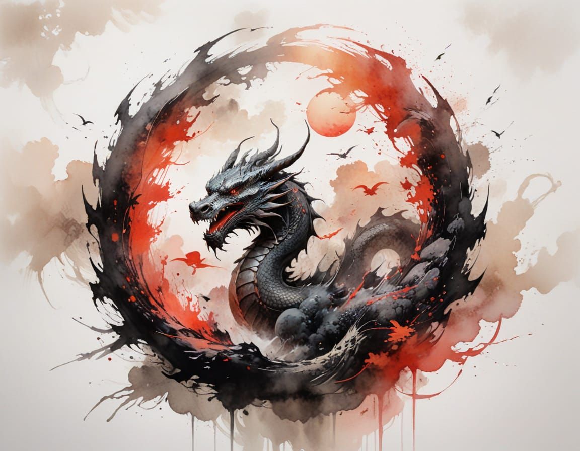 Dragon Emerging From Misty Mountains in East Asian Ink Style