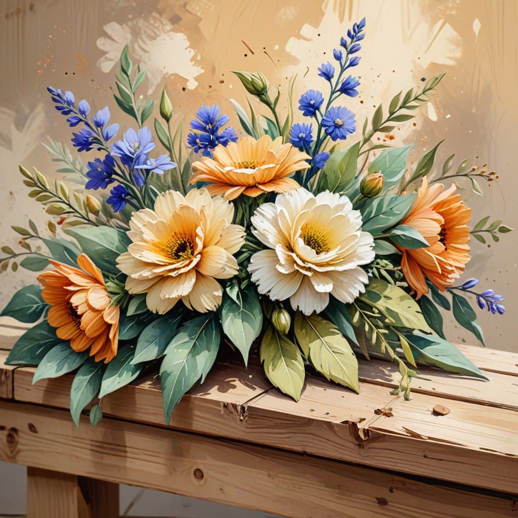 Floral Bouquet on Bench in Watercolor Grunge Style