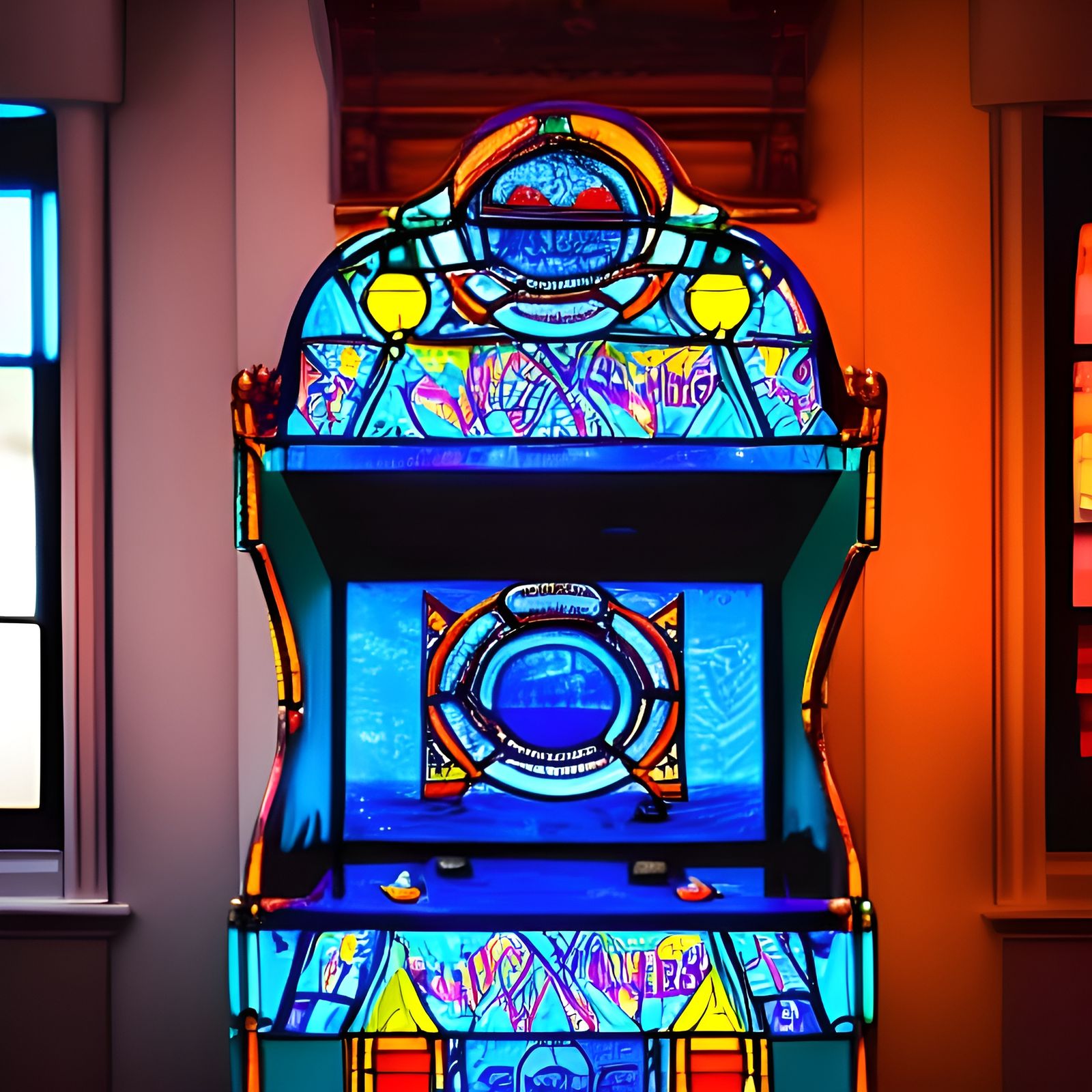Stained Glass Arcade Machine in Natural Lighting