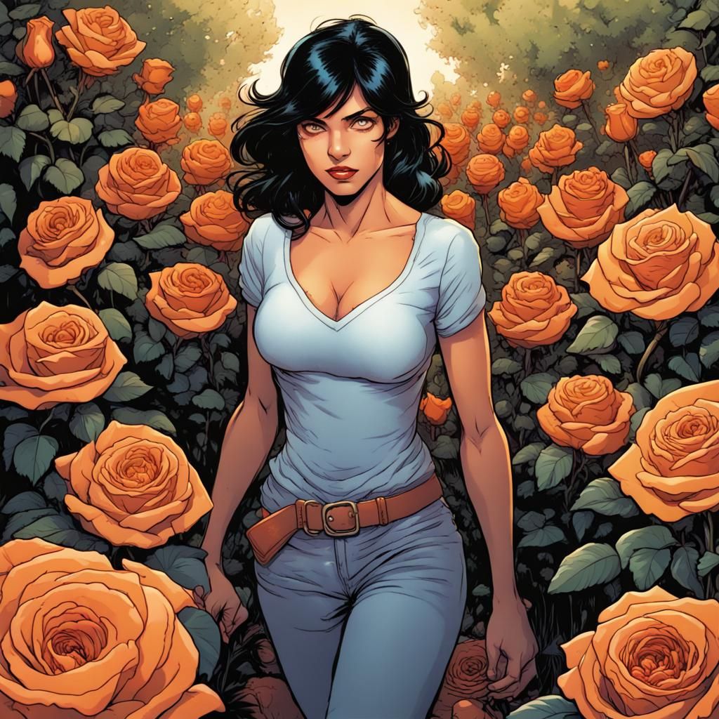 Woman in Orange Rose Garden, Comic Book Art