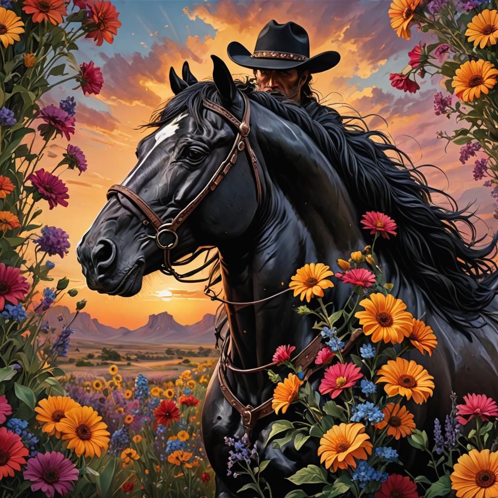 Cowboy on Black Horse at Sunset: Hyperrealistic Art