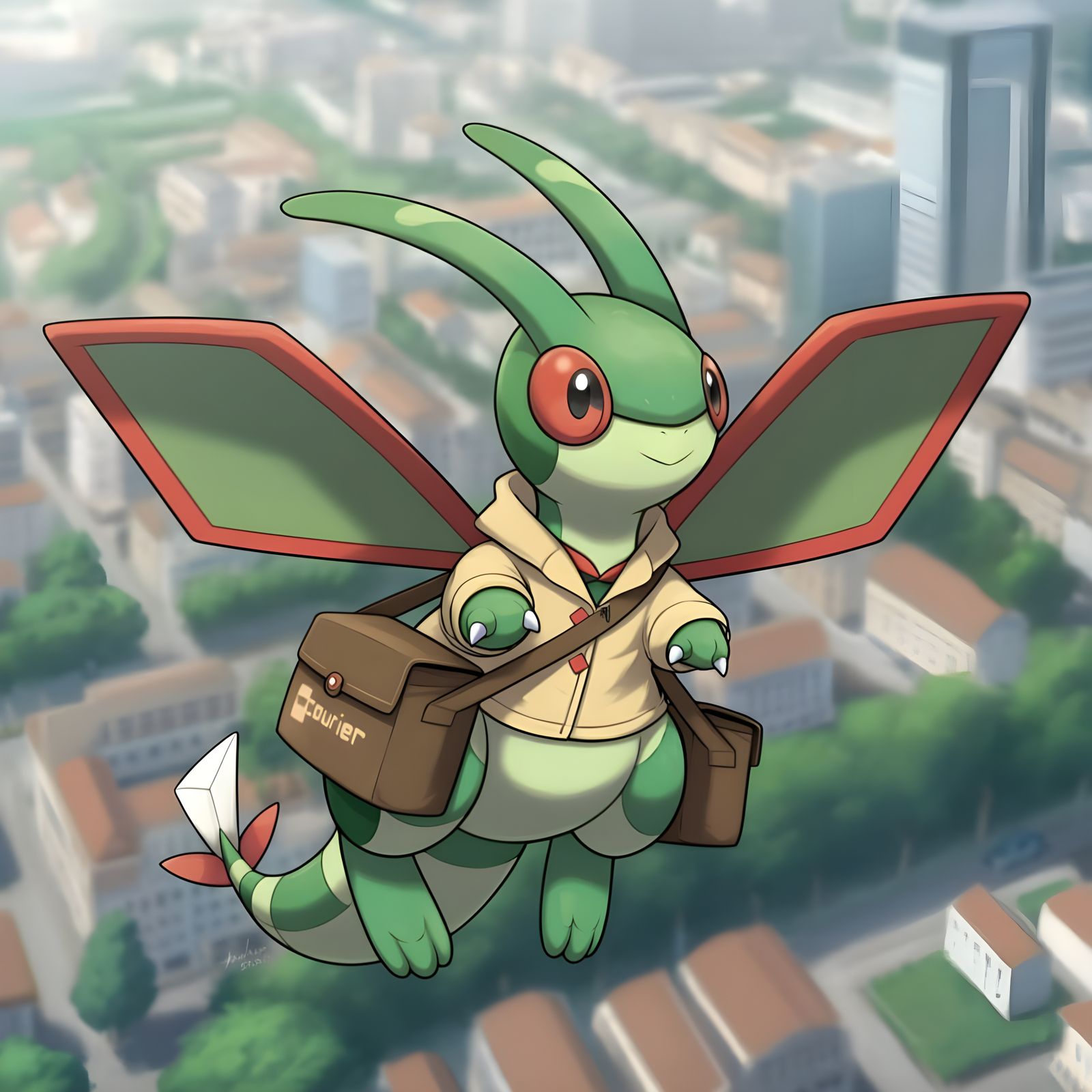 Cute Flygon Pokémon Delivering Mail in a Modern Town