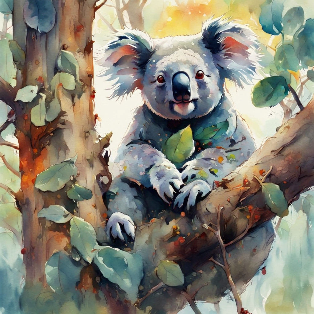 Hyperdetailed Koala in Eucalyptus Tree Watercolour