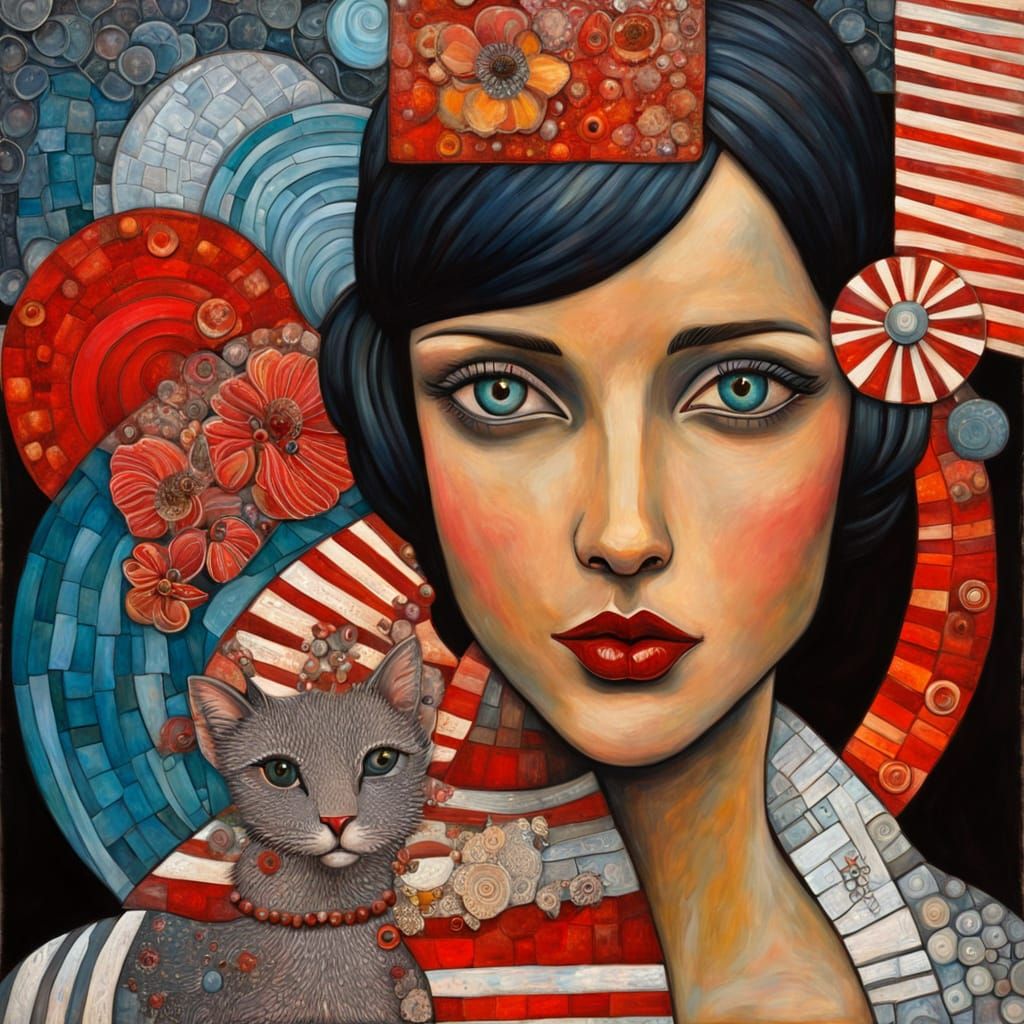 Red and Grey Stripes Setting incl. Woman and Cat...